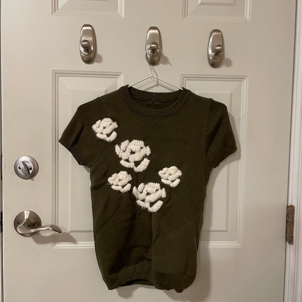 Olive Green Knit Top with White Floral Design